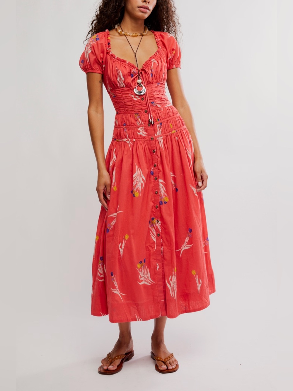 FREE PEOPLE Complete Me Floral Midi Dress-Coral Combo - Size Small NWT